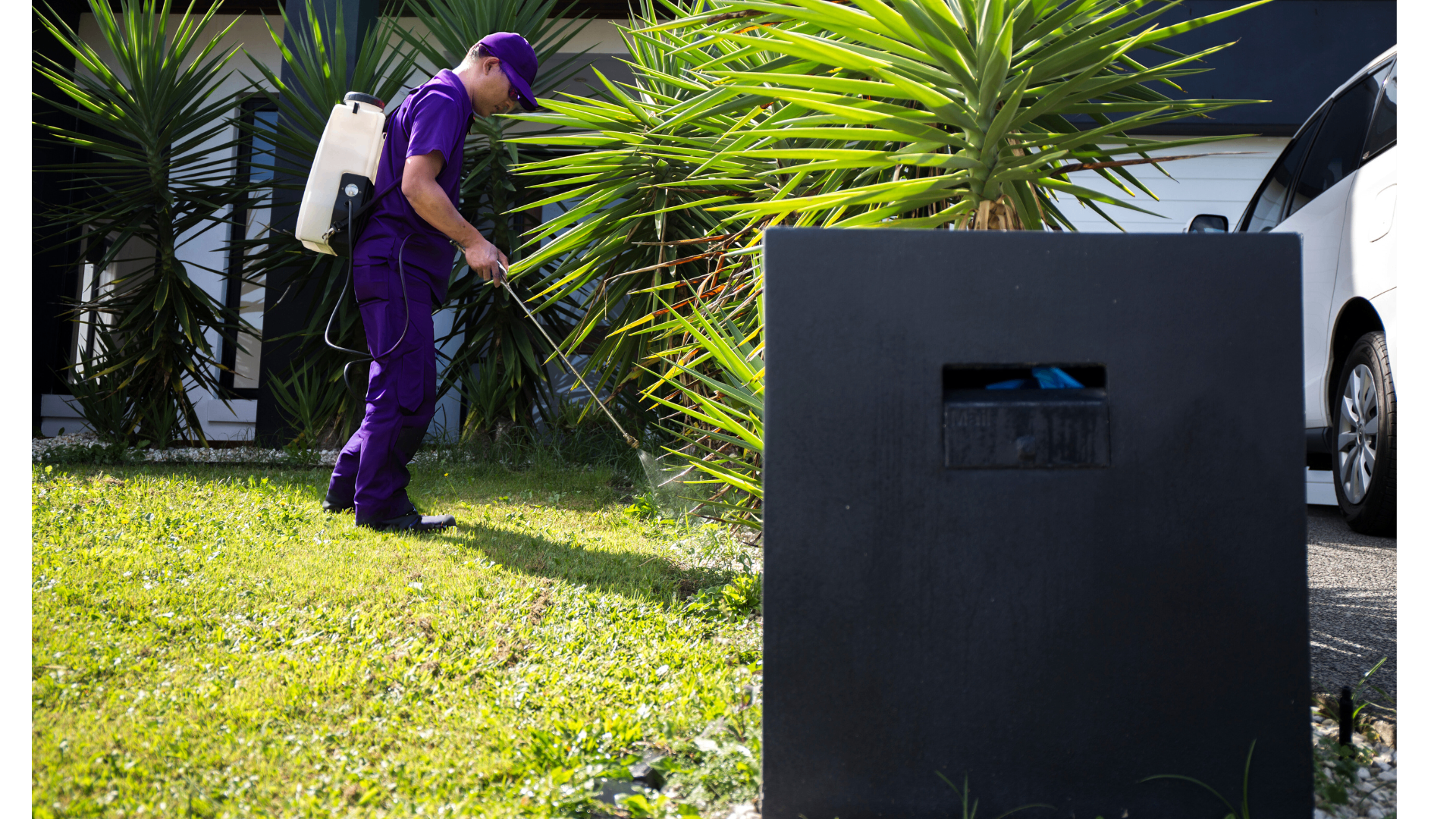 Professional pest control technician spraying plants